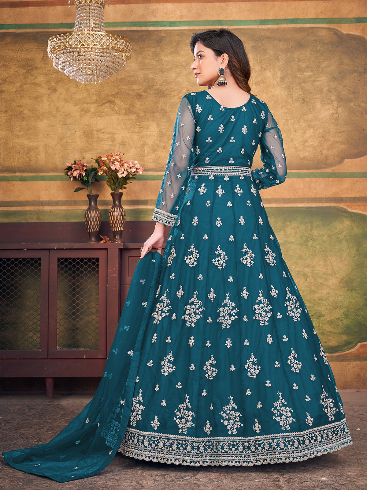 Odette Teal Net Embroidered Semi stitched Kurta Set with Inner For Women