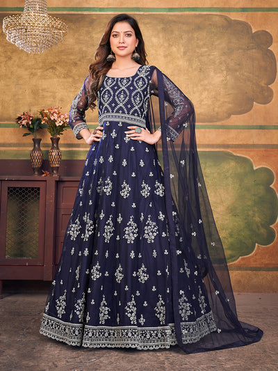 Odette Navy Blue Net Embroidered Semi stitched Kurta Set with Inner For Women