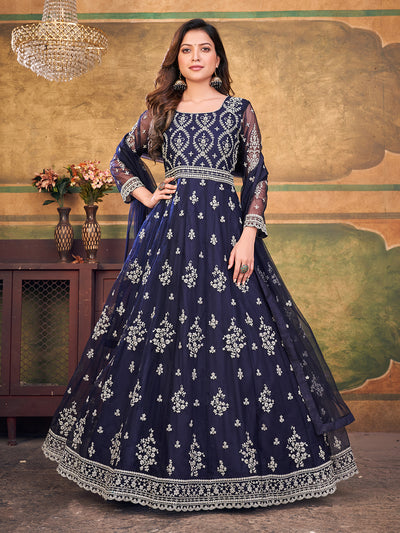 Odette Navy Blue Net Embroidered Semi stitched Kurta Set with Inner For Women