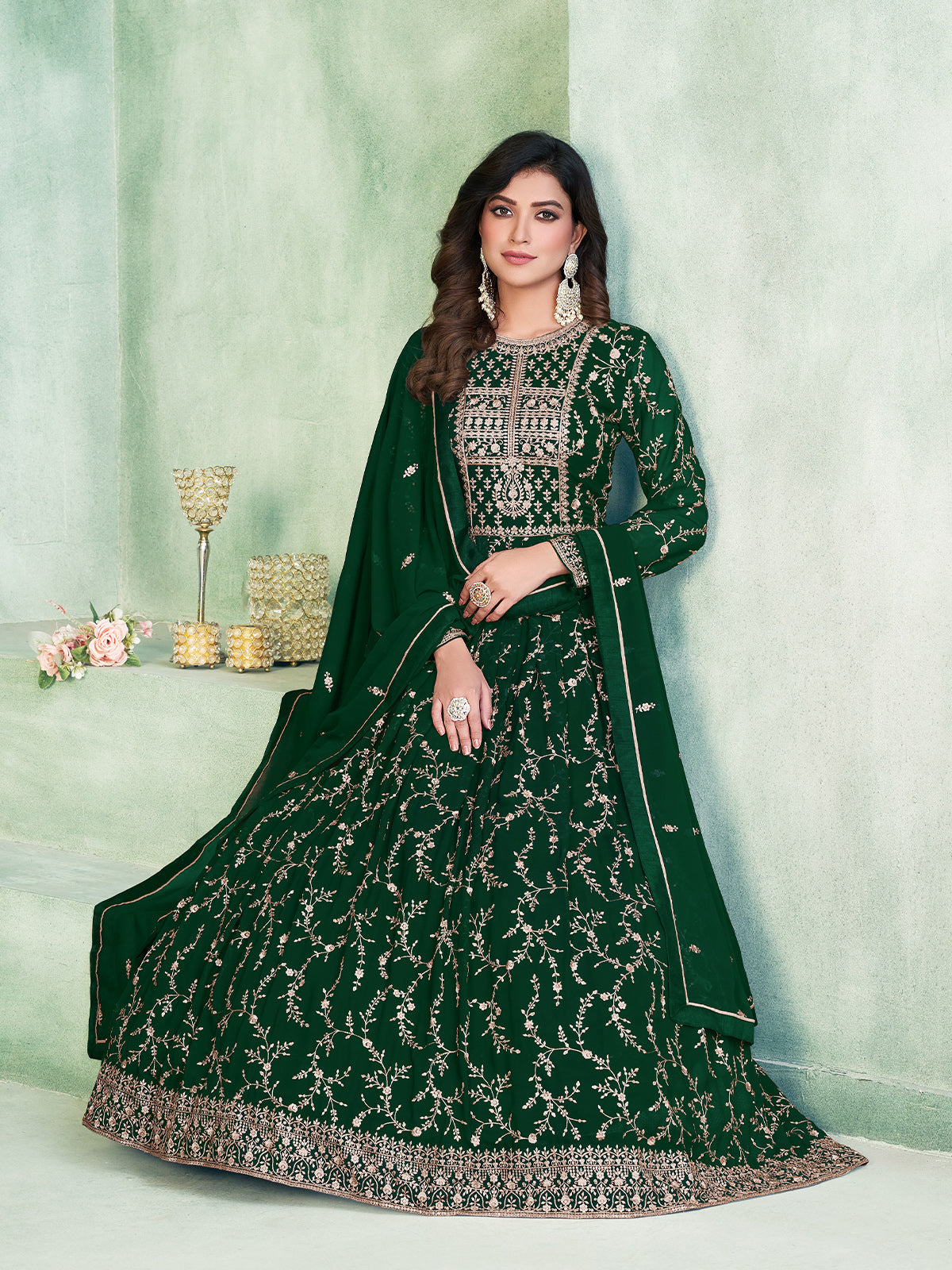 Odette Green Georgette Embroidered Semi stitched Kurta Set with Inner For Women
