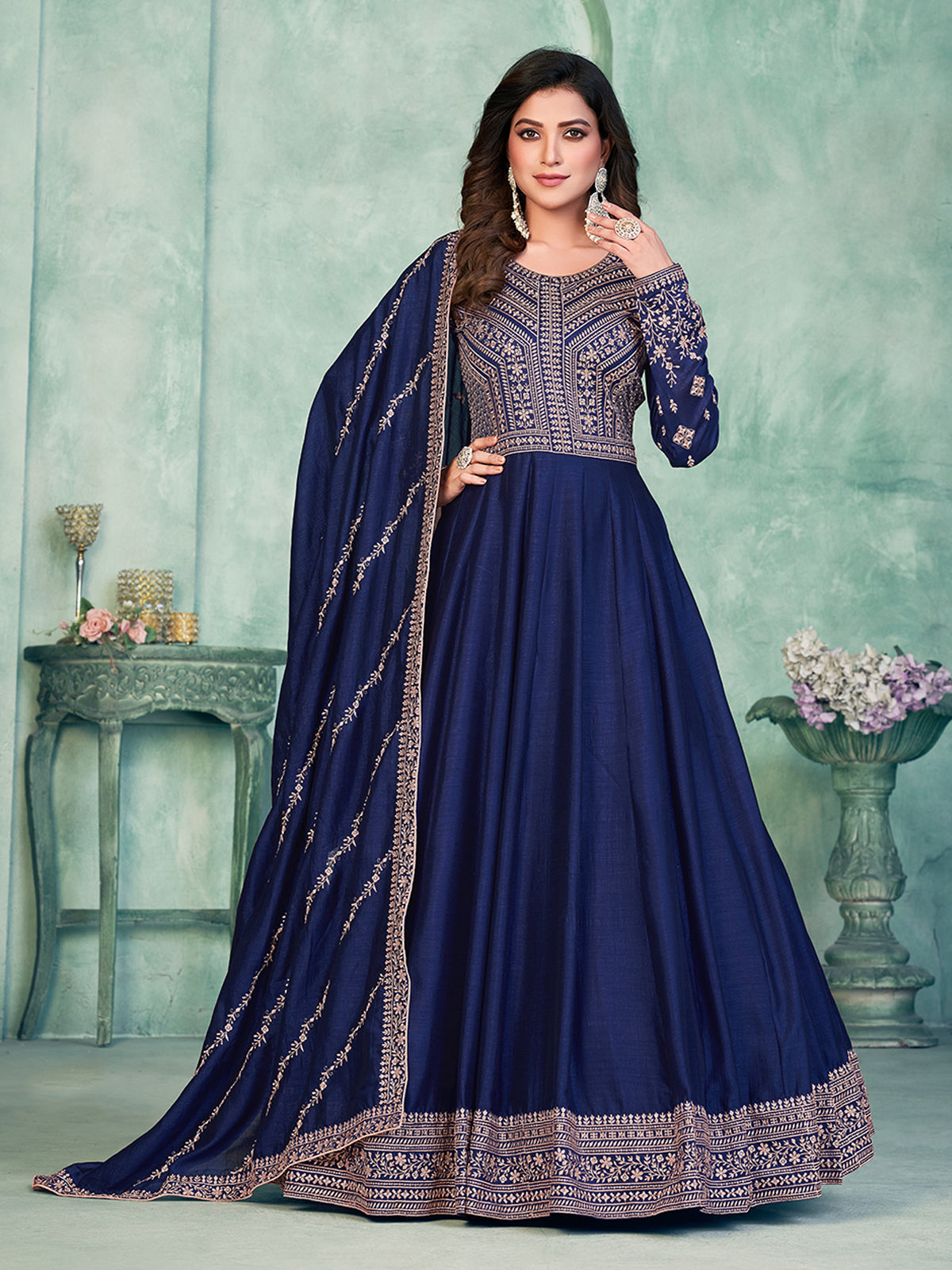 Odette Navy Blue Art Silk Embroidered Semi stitched Kurta Set with Inner For Women