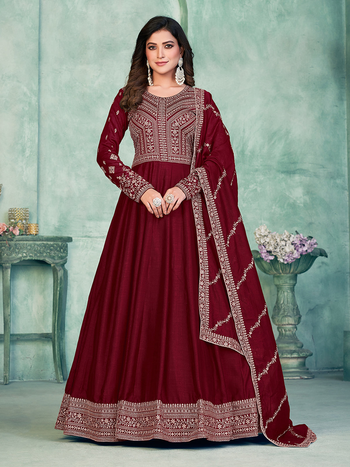 Odette Maroon Art Silk Embroidered Semi stitched Kurta Set with Inner For Women