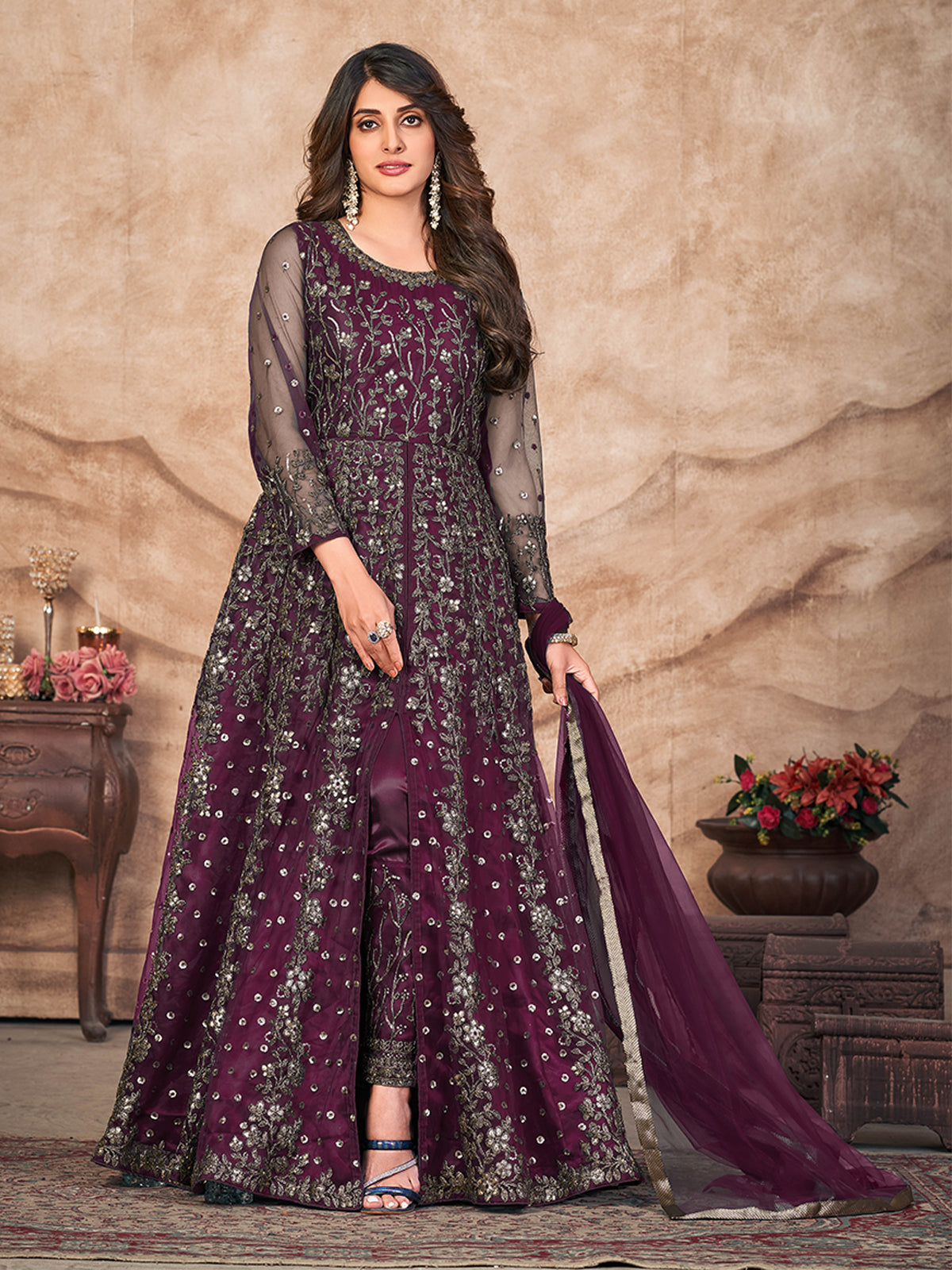 Odette Purple Georgette Embroidered Semi stitched Kurta Set with Inner For Women