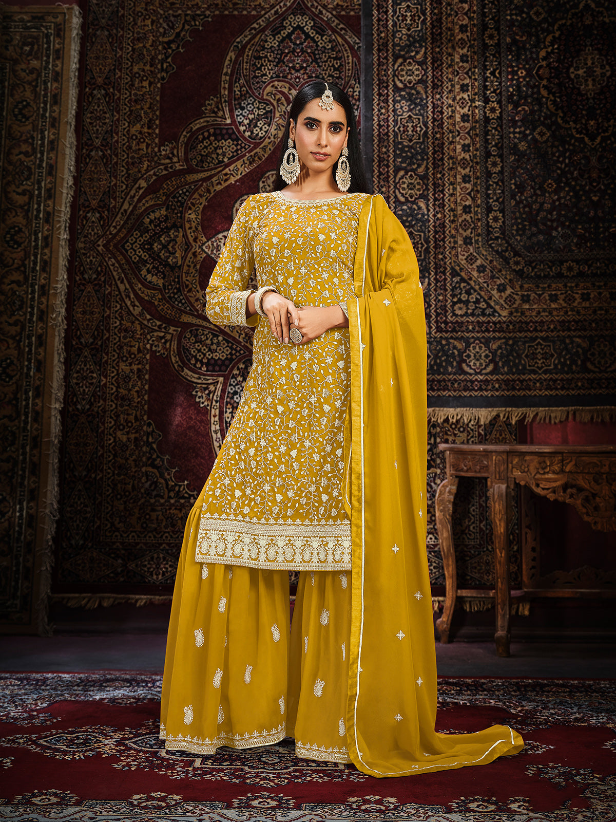 Odette Yellow Georgette Embroidered Semi stitched Kurta Set with Inner For Women