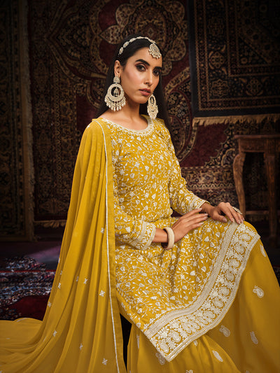 Odette Yellow Georgette Embroidered Semi stitched Kurta Set with Inner For Women