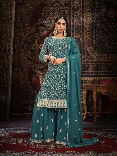 Odette Teal Georgette Embroidered Semi stitched Kurta Set with Inner For Women