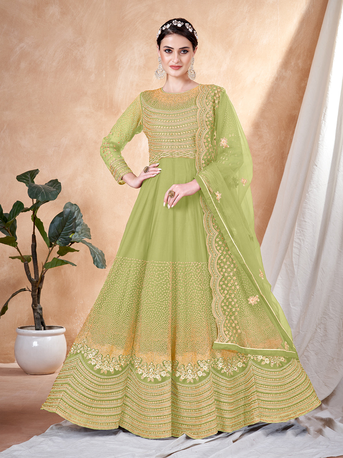 Odette Green Net Embellished Semi stitched Kurta Set with Inner For Women
