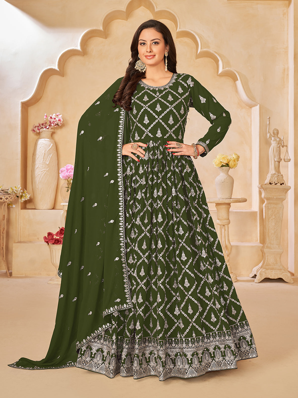 Odette Olive Georgette Embroidered Semi stitched Kurta Set with Inner For Women