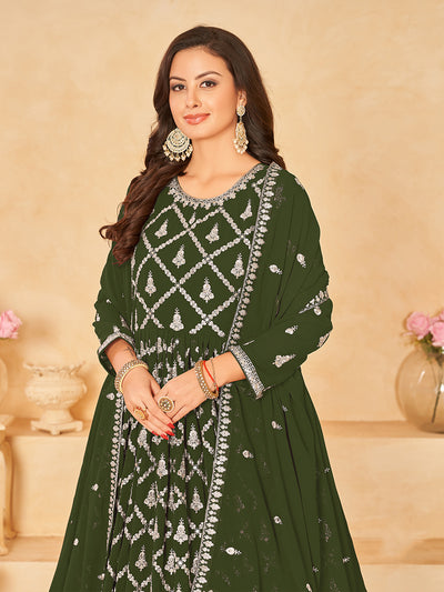 Odette Olive Georgette Embroidered Semi stitched Kurta Set with Inner For Women