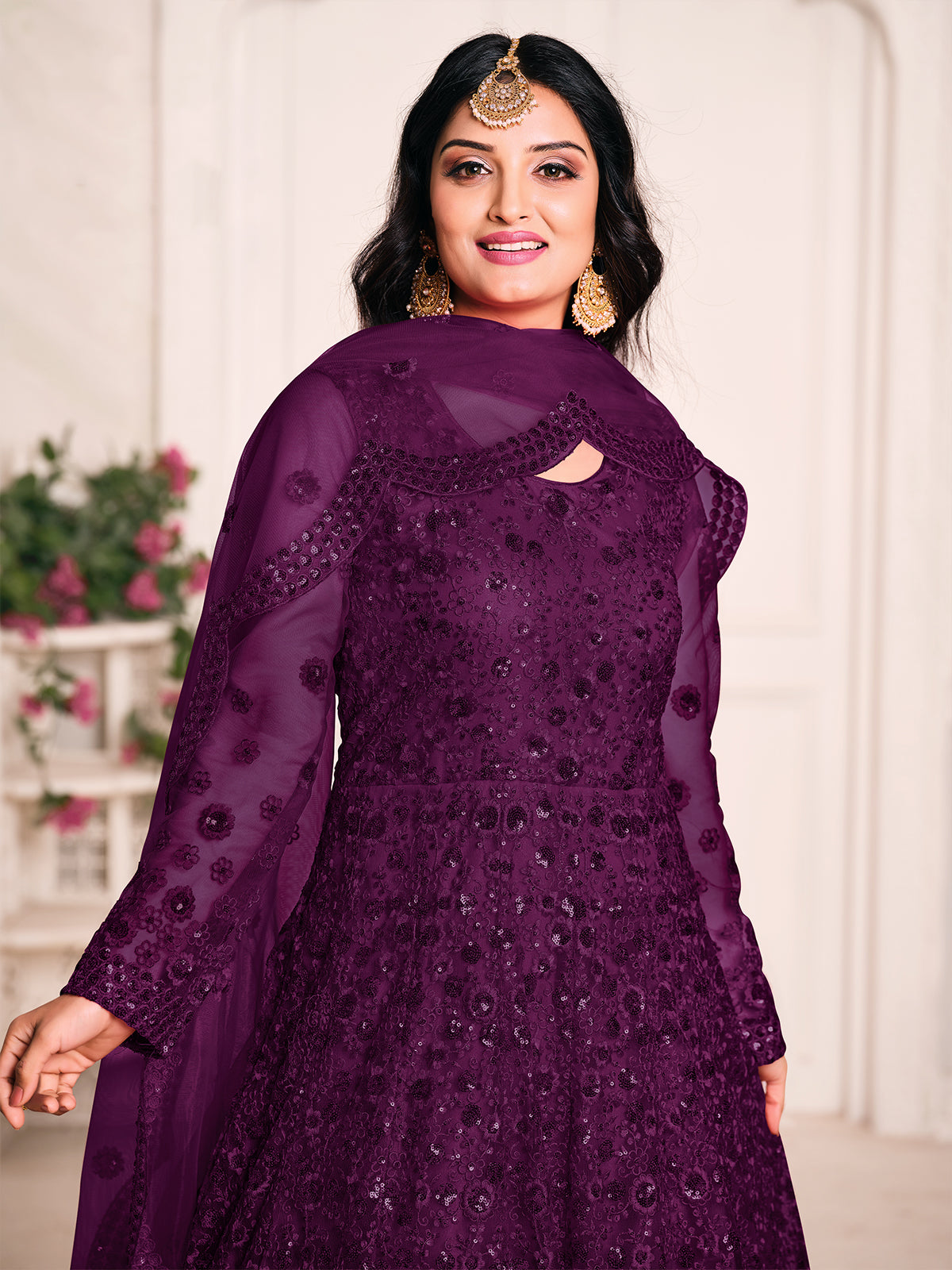 Odette Purple Net Embroidered Semi stitched Kurta Set with Inner For Women