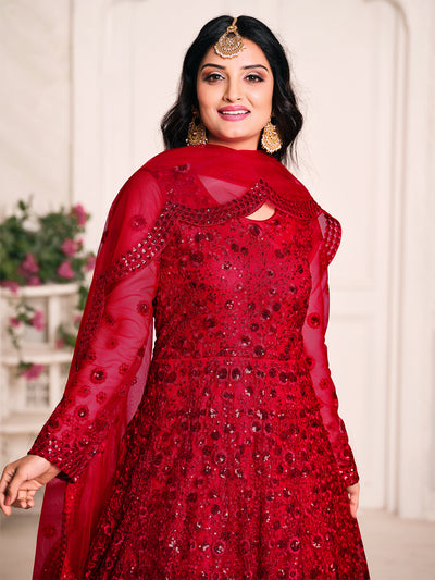 Odette Red Net Embroidered Semi stitched Kurta Set with Inner For Women