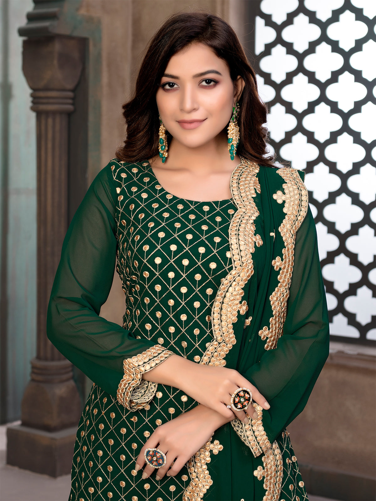 Odette Green Georgette Embroidered Semi stitched Kurta Set with Inner For Women