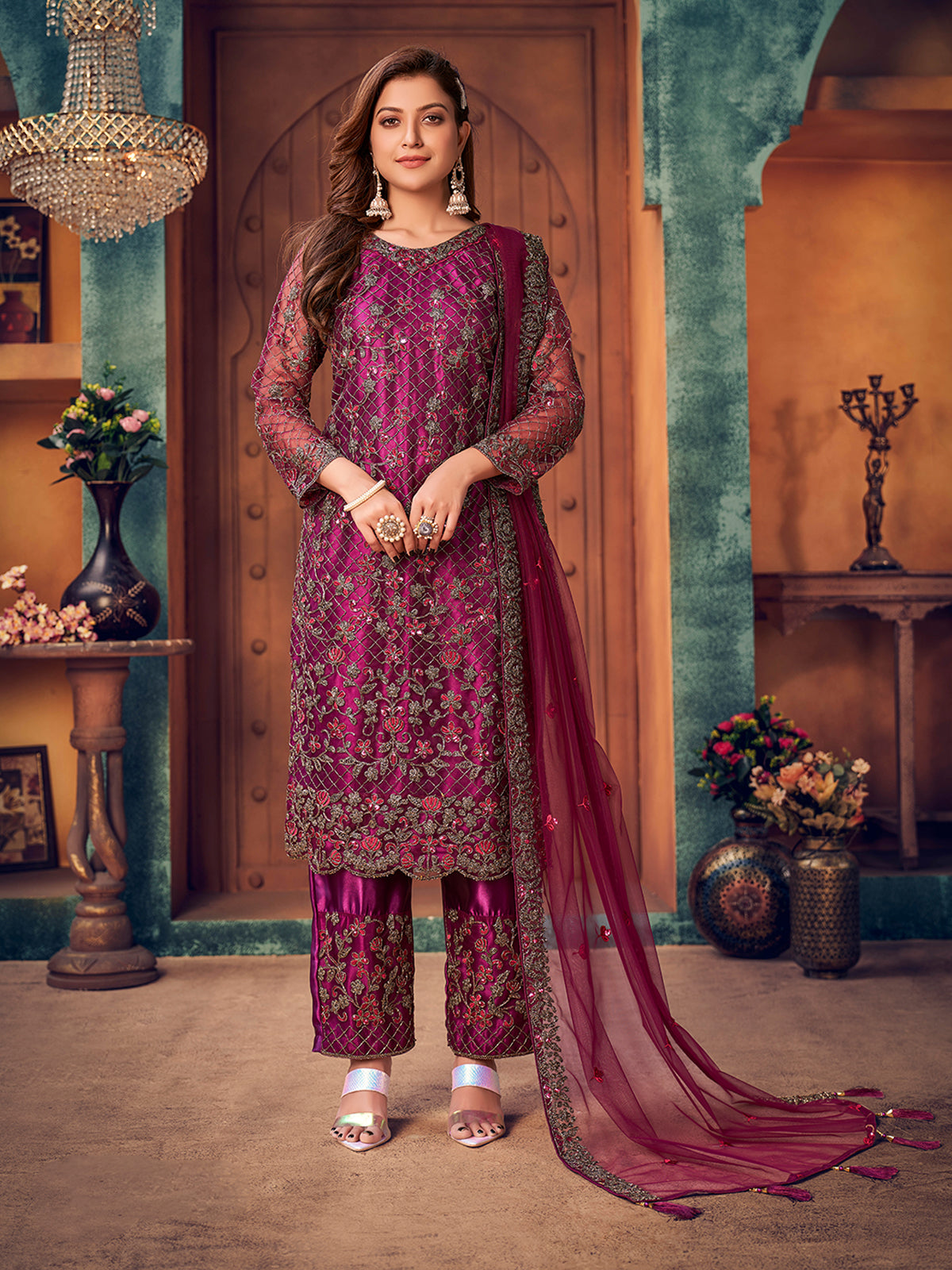 Odette Wine Net Embroidered Semi stitched Kurta Set with Inner For Women