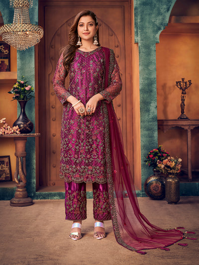 Odette Wine Net Embroidered Semi stitched Kurta Set with Inner For Women