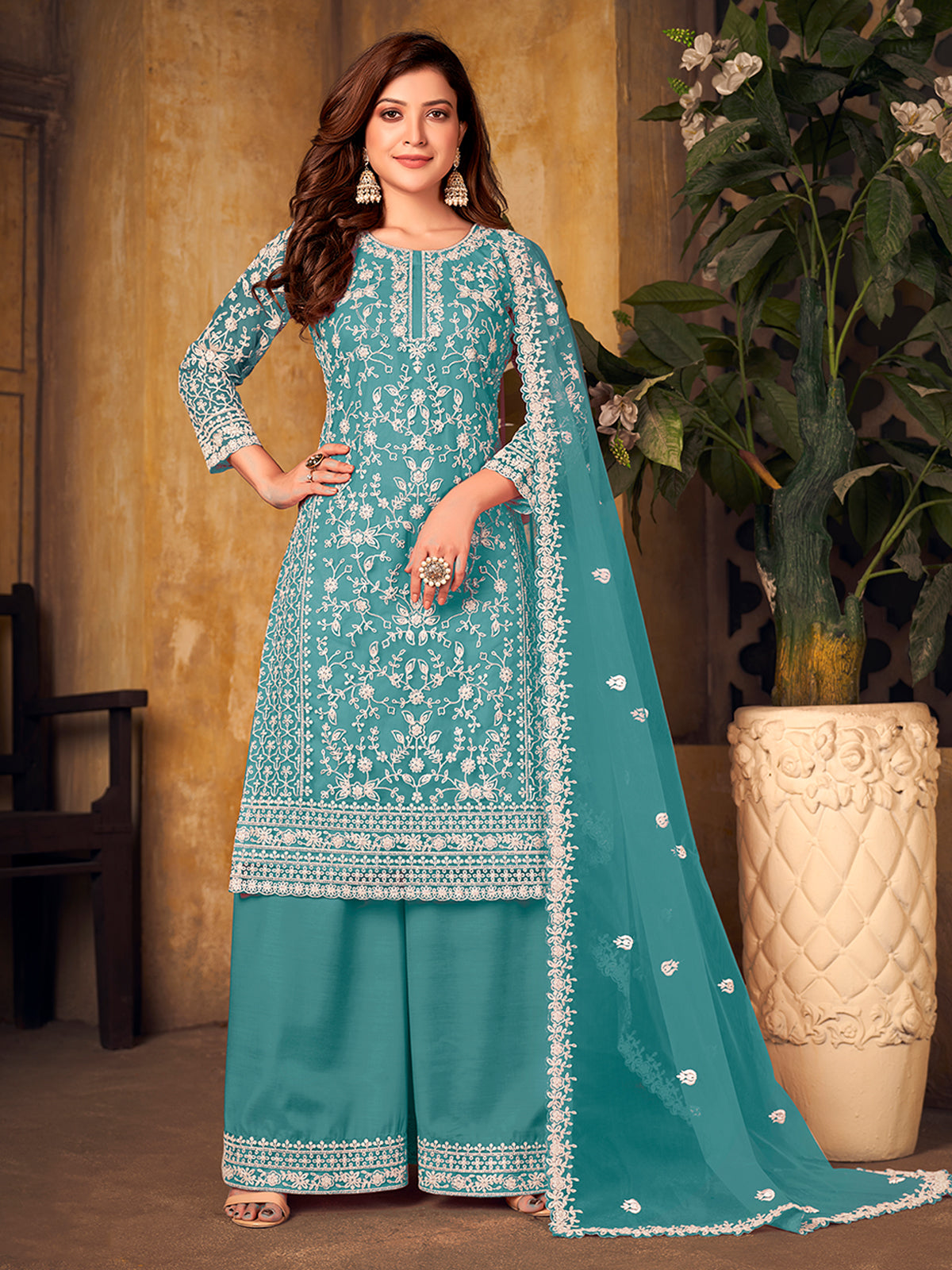 Odette Aqua Net Embroidered Semi stitched Kurta Set with Inner For Women