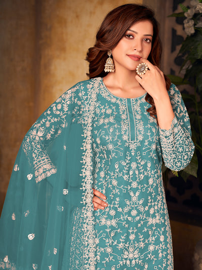 Odette Aqua Net Embroidered Semi stitched Kurta Set with Inner For Women