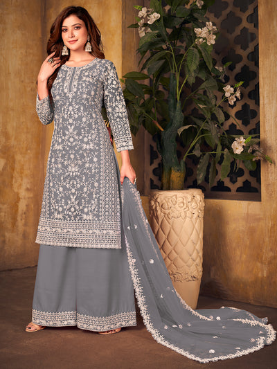 Odette Grey Net Embroidered Semi stitched Kurta Set with Inner For Women