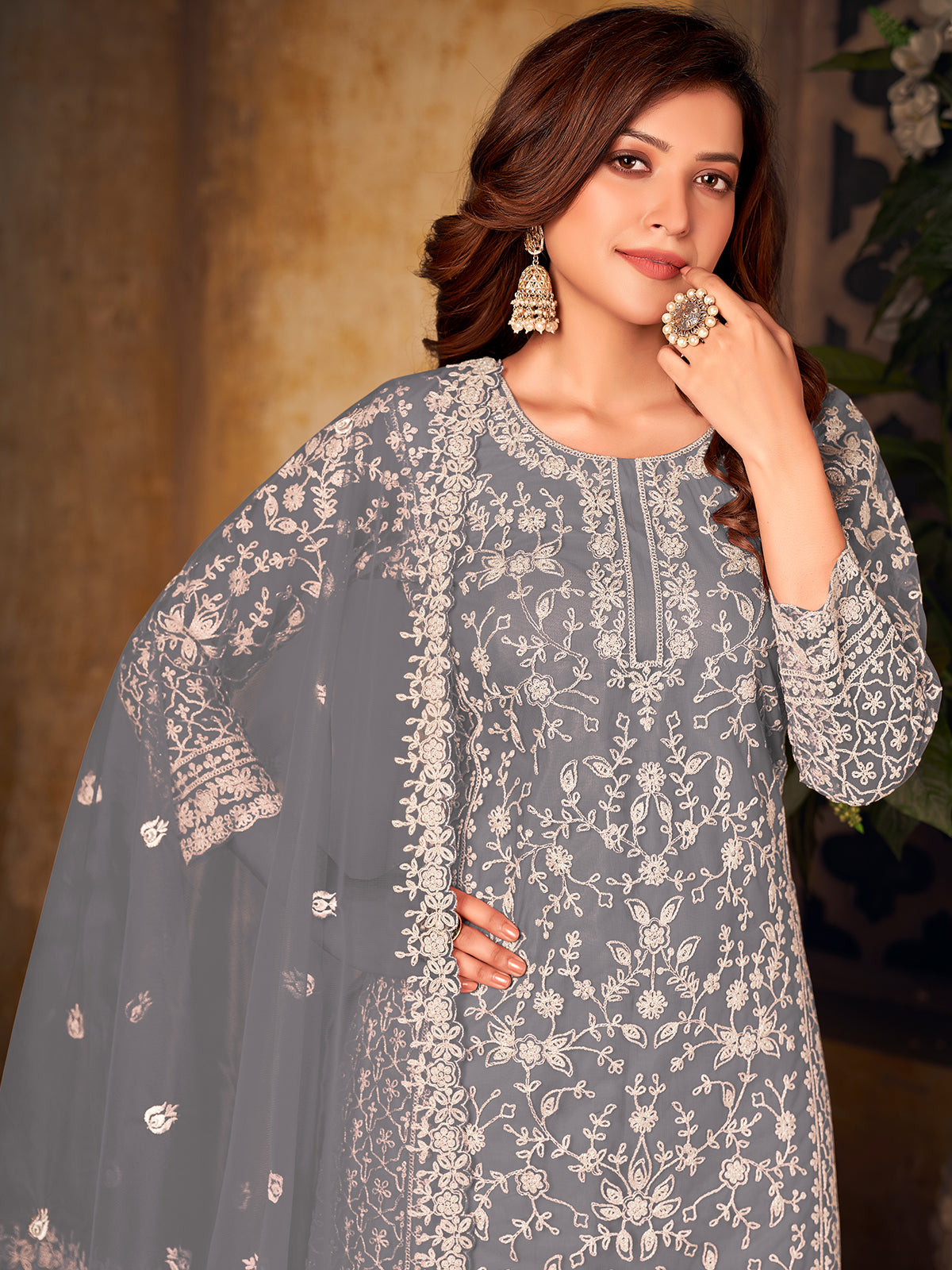 Odette Grey Net Embroidered Semi stitched Kurta Set with Inner For Women