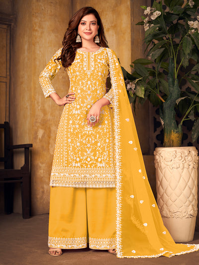 Odette Yellow Net Embroidered Semi stitched Kurta Set with Inner For Women