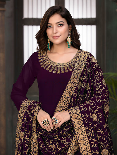 Odette Purple Georgette Embroidered Semi stitched Kurta Set with Inner For Women