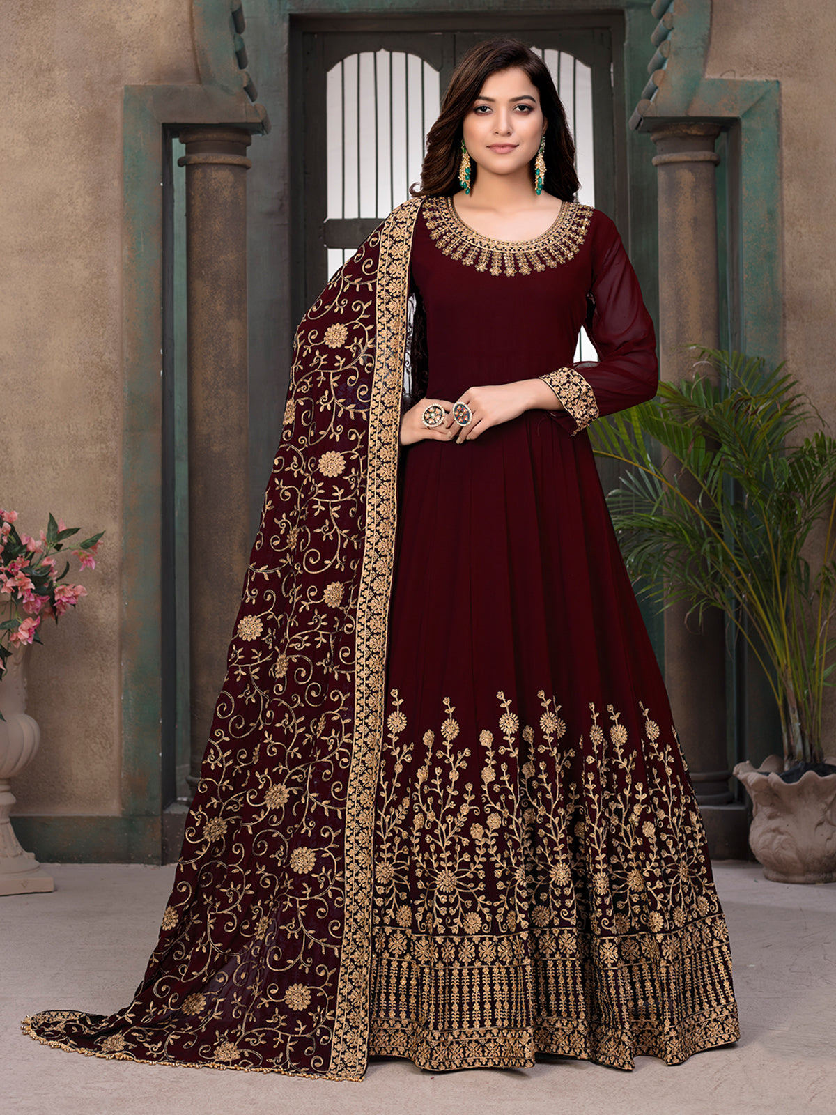 Odette Maroon Georgette Embroidered Semi stitched Kurta Set with Inner For Women