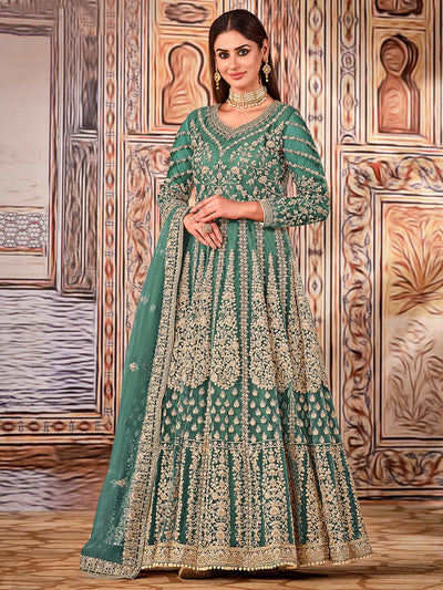 Odette Sea Green Net Embroidered Semi stitched Kurta Set with Inner For Women