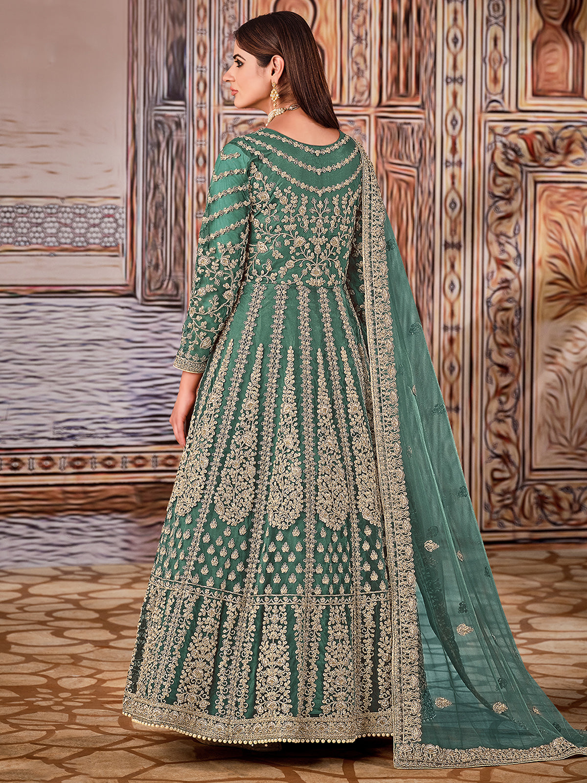 Odette Sea Green Net Embroidered Semi stitched Kurta Set with Inner For Women