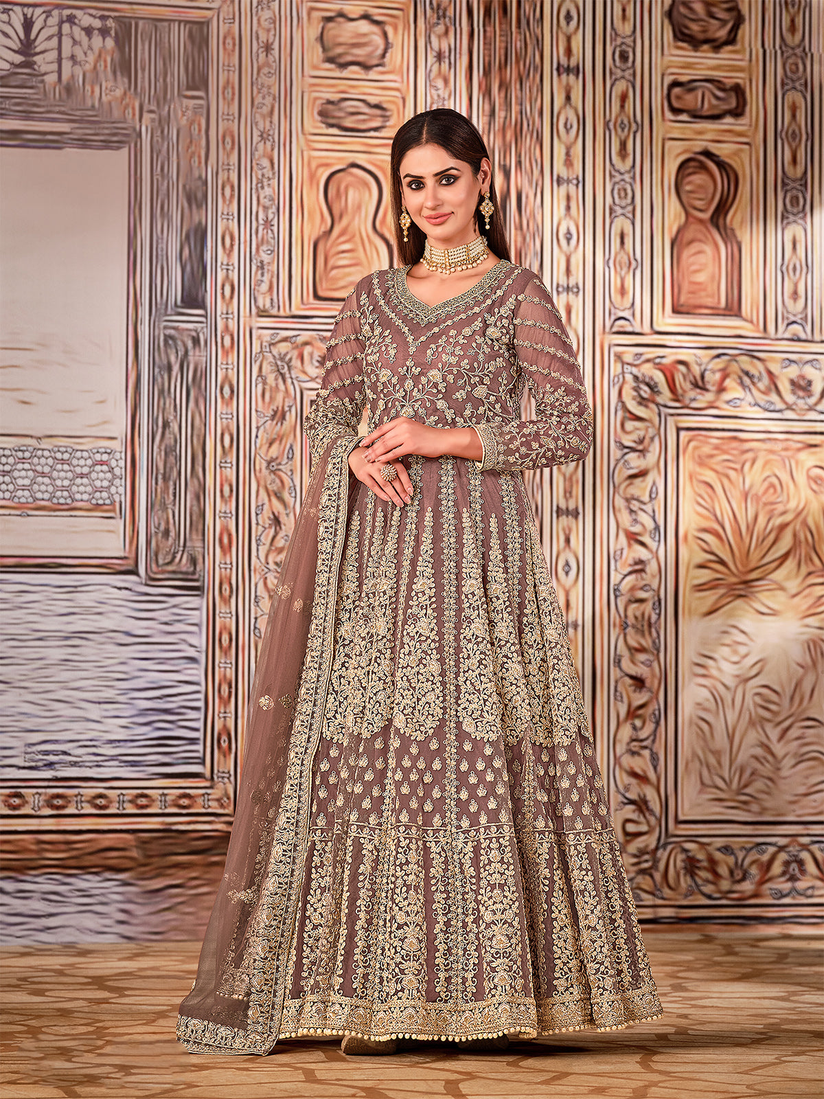 Odette Light Brown Net Embroidered Semi stitched Kurta Set with Inner For Women