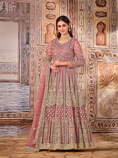 Odette Pink Net Embroidered Semi stitched Kurta Set with Inner For Women