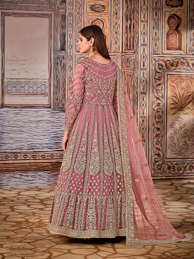 Odette Pink Net Embroidered Semi stitched Kurta Set with Inner For Women