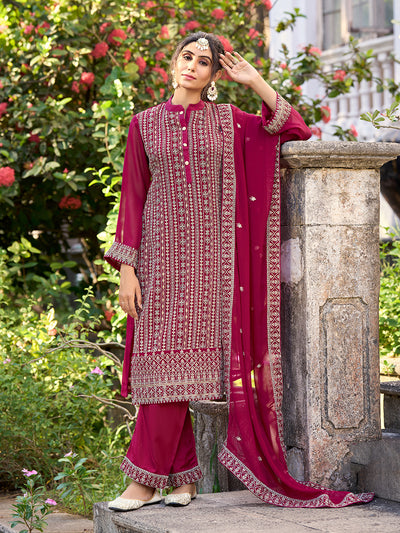 Odette Pink Silk Embroidered Semi stitched Kurta Set For Women