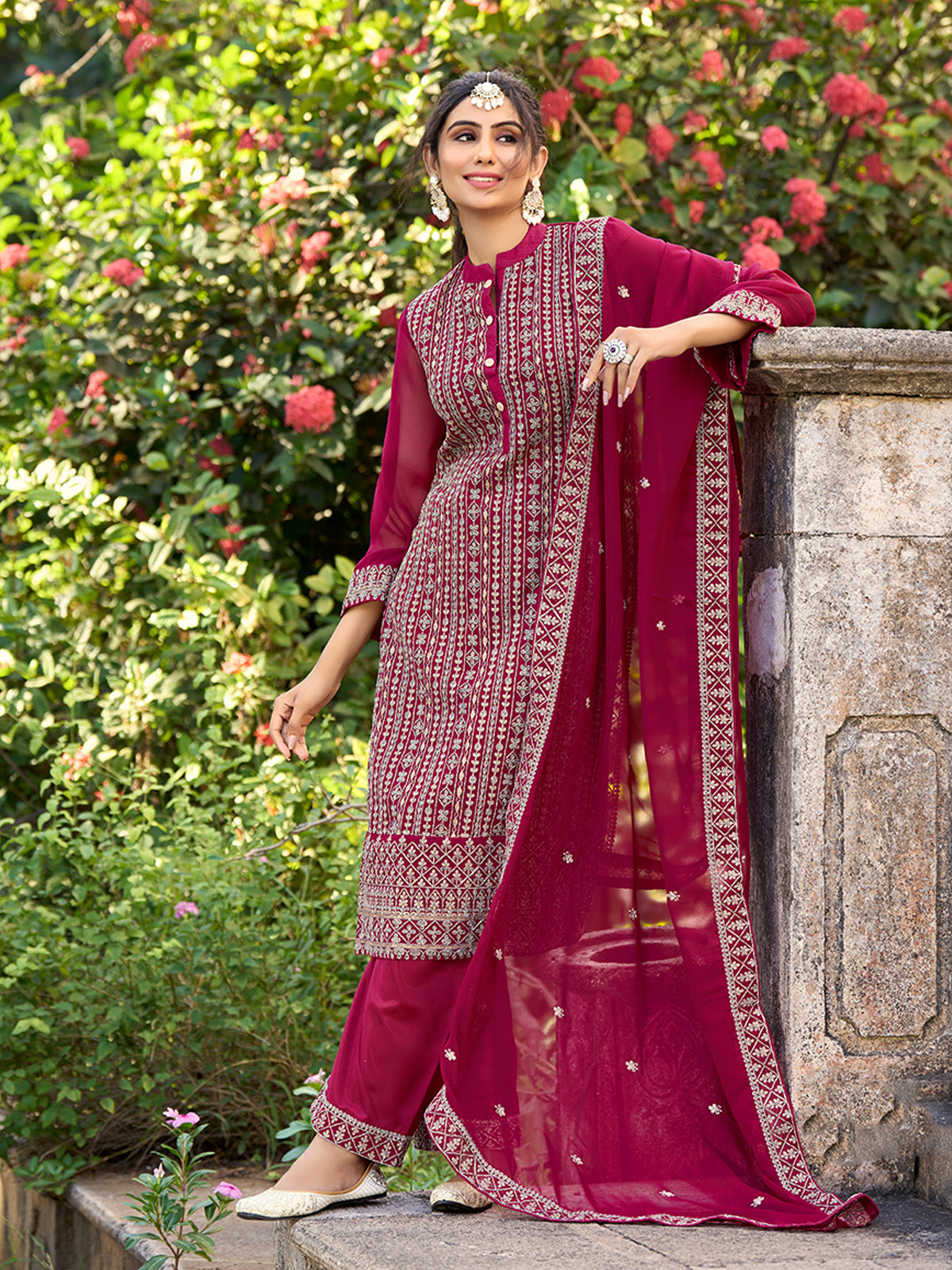 Odette Pink Silk Embroidered Semi stitched Kurta Set For Women