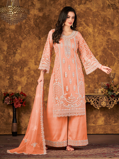 Odette Orange Net Embroidered Semi stitched Kurta Set with Inner For Women