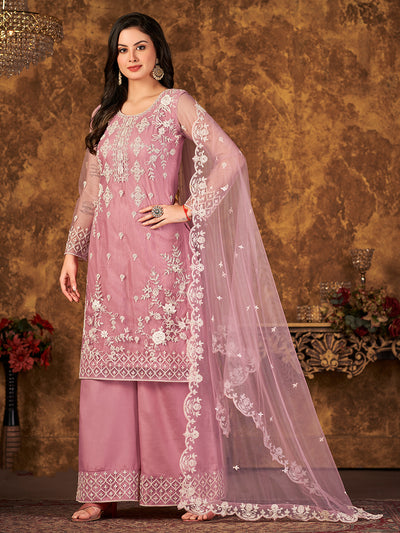 Odette Pink Net Embroidered Semi Stitched Kurta Set with Inner For Women