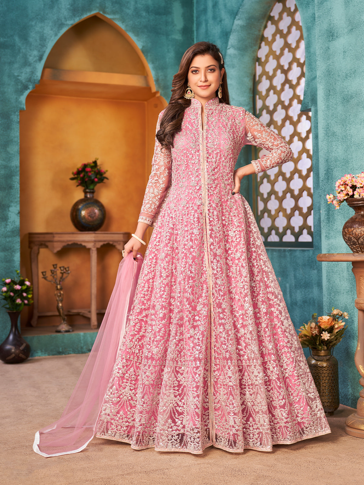 Odette Pink Net Embroidered Semi stitched Kurta Set with Inner For Wom