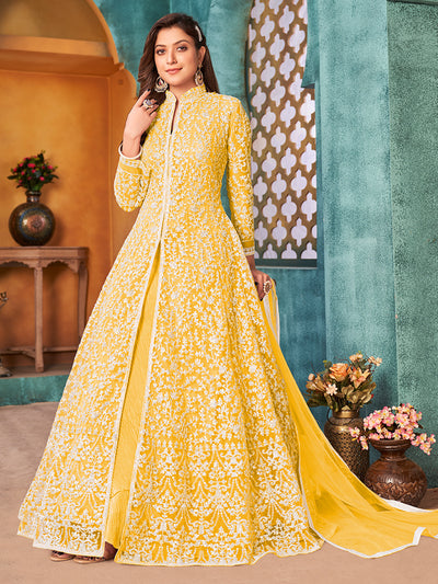 Odette Yellow Net  Embroidered Semi stitched Kurta Set with Inner For Women