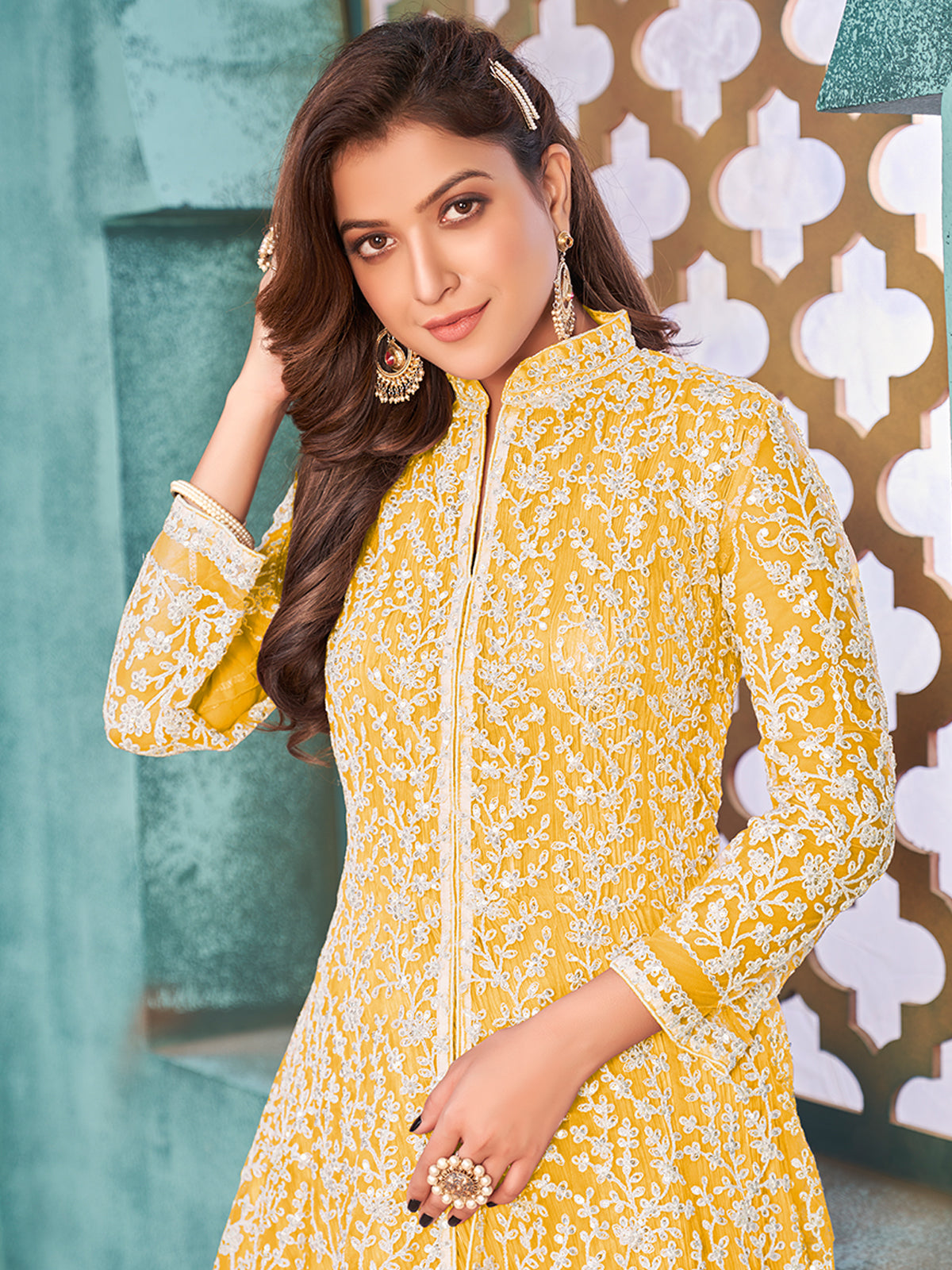 Odette Yellow Net  Embroidered Semi stitched Kurta Set with Inner For Women