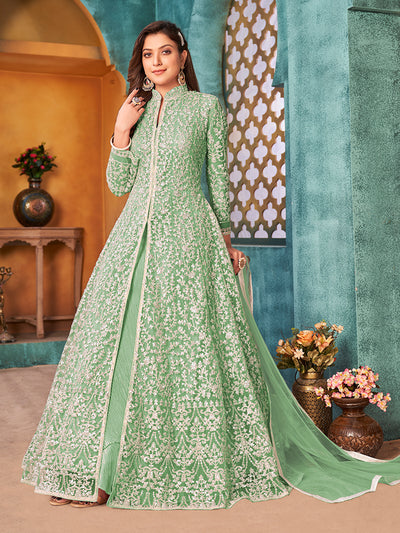 Odette Green Net  Embroidered Semi stitched Kurta Set with Inner For Women