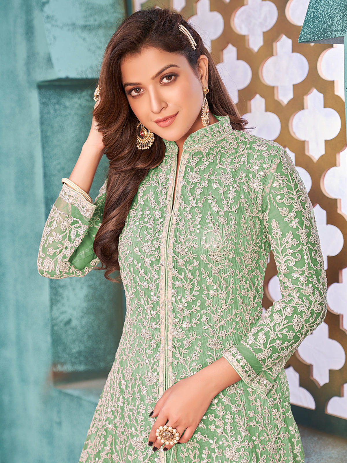 Odette Green Net  Embroidered Semi stitched Kurta Set with Inner For Women