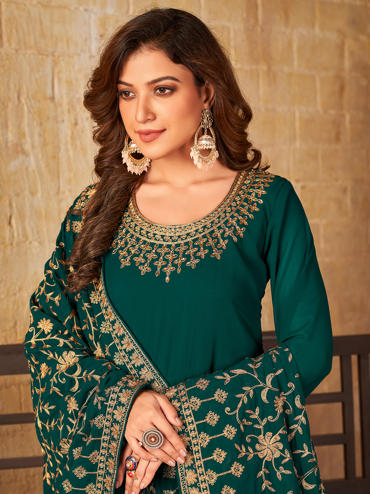 Odette Teal Georgette Embroidered Semi stitched Kurta Set For Women