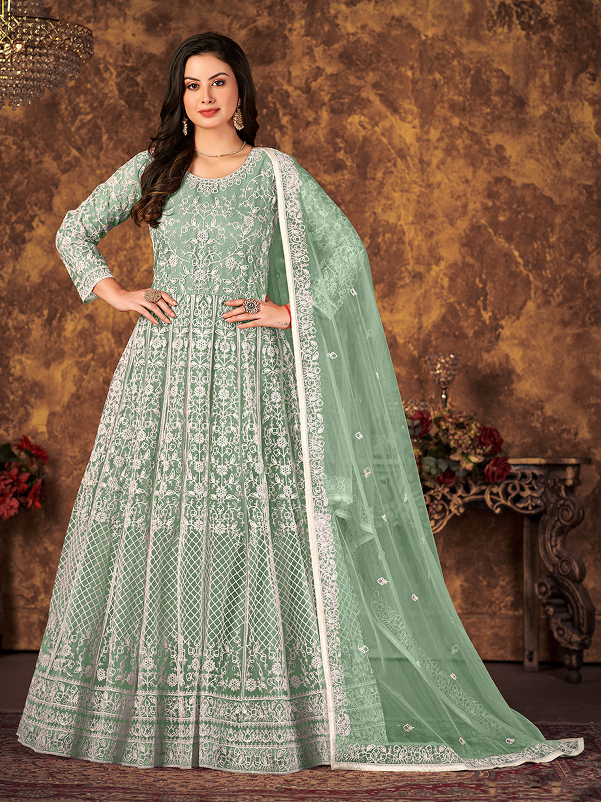 Odette Green Net Embroidered Semi stitched Kurta Set with Inner For Women