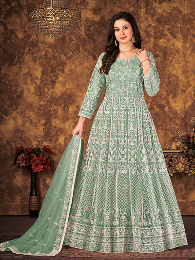 Odette Green Net Embroidered Semi stitched Kurta Set with Inner For Women