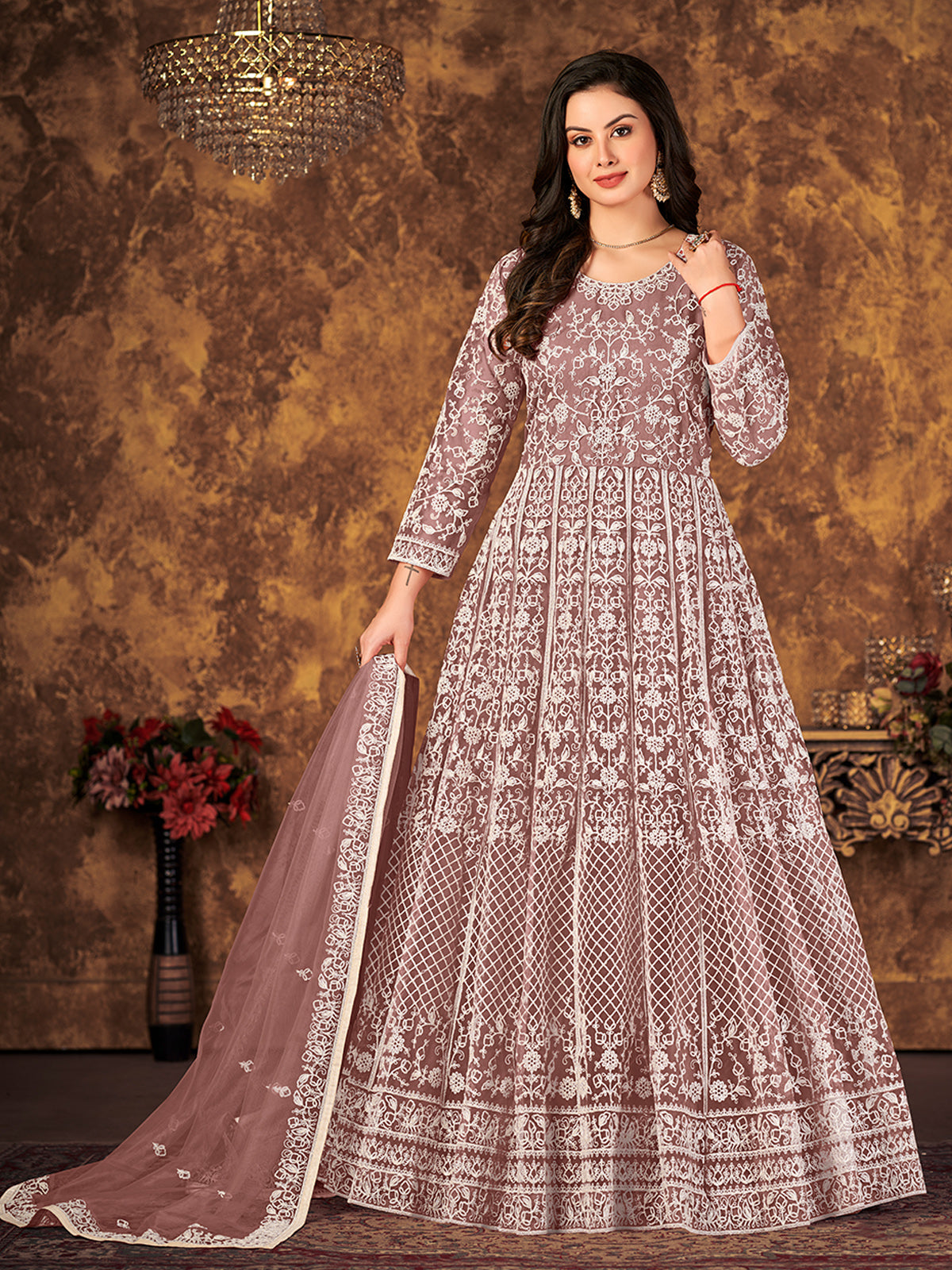 Odette Mauve Net Embroidered Semi stitched Kurta Set with Inner For Women