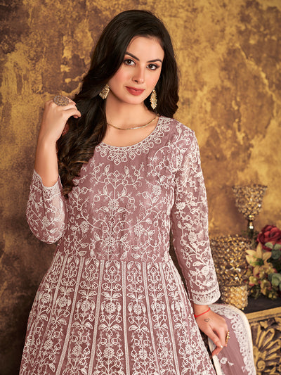 Odette Mauve Net Embroidered Semi stitched Kurta Set with Inner For Women