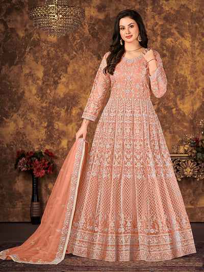 Odette Peach Net Embroidered Semi stitched Kurta Set with Inner For Women