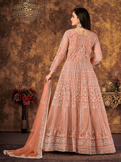 Odette Peach Net Embroidered Semi stitched Kurta Set with Inner For Women