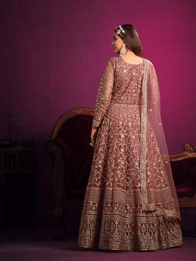 Odette Mauve Net Embroidered Semi stitched Kurta Set With Inner For Women