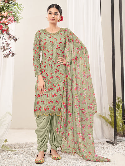 Odette Light Green Net  Embroidered Semi stitched Kurta Set With Inner For Women