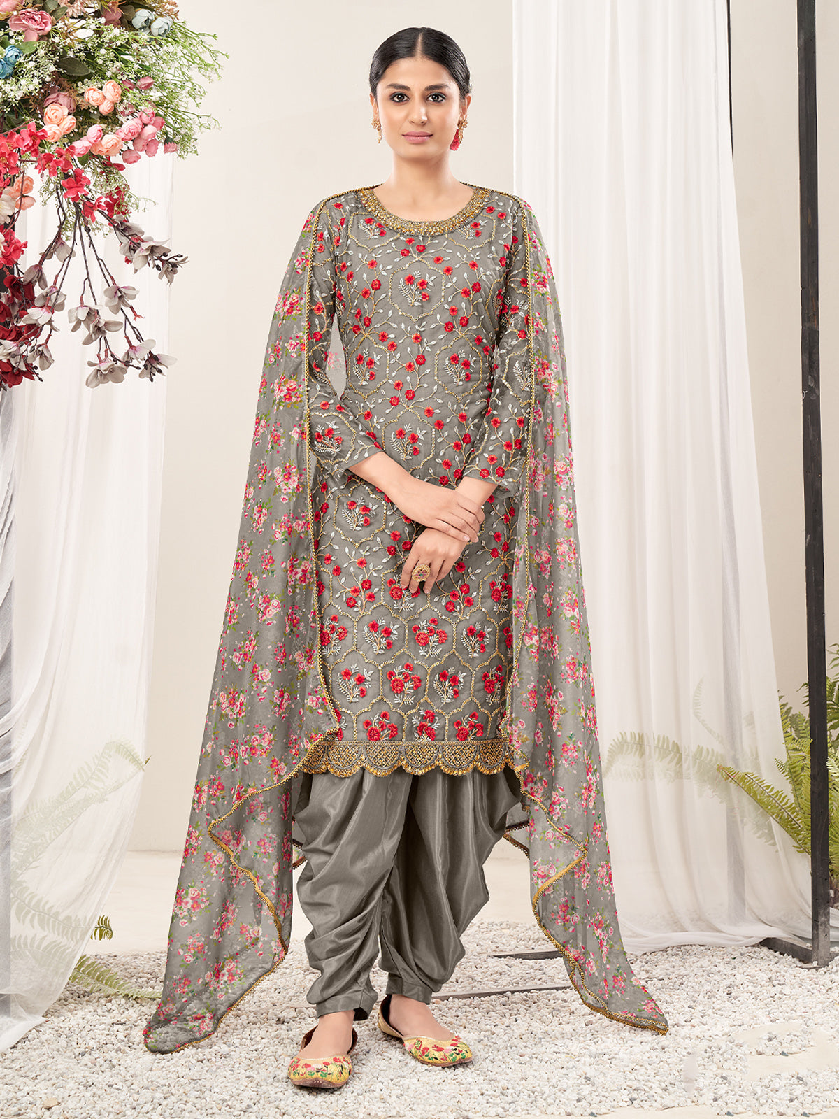 Odette Light Grey Net  Embroidered Semi stitched Kurta Set With Inner For Women