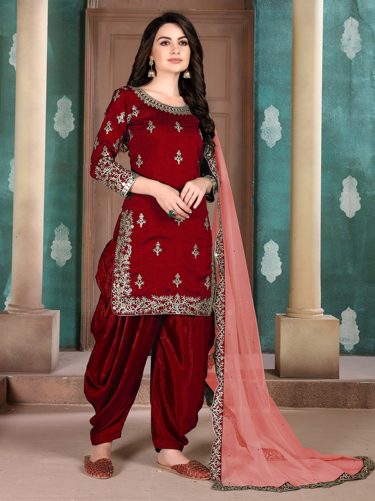Odette Red Art Silk Embroidered Semi stitched Kurta Set with Inner For Women